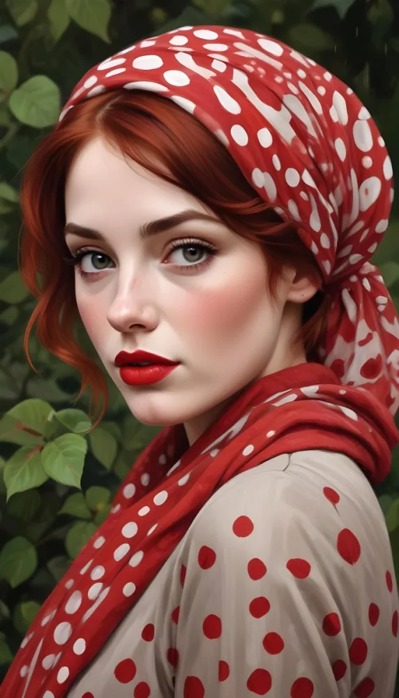 A White Woman 23 Years Old With A Red Dotted Scarf And A Red Rose On Her Head Red Lipstick Red Hair In A Garden 46 A137