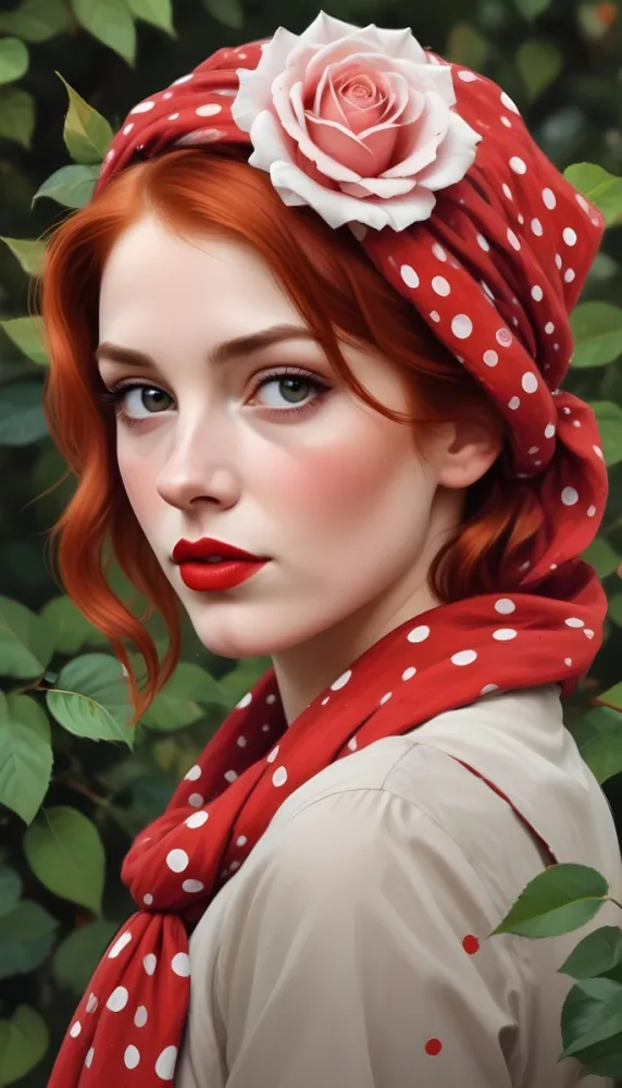 A White Woman 23 Years Old With A Red Dotted Scarf And A Red Rose On Her Head Red Lipstick Red Hair In A Garden 55 Ed43