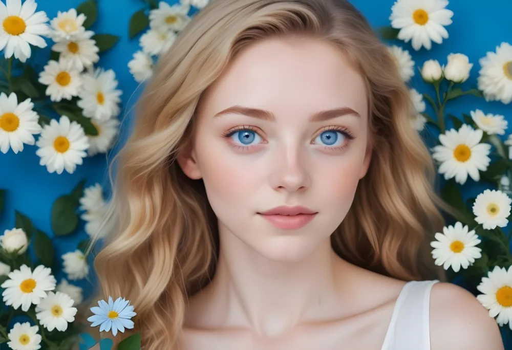 A White Woman 23 Years Old With Blue Eyes And Light Skin Surrounded By Flowers With A Blue Background 12 D0d9