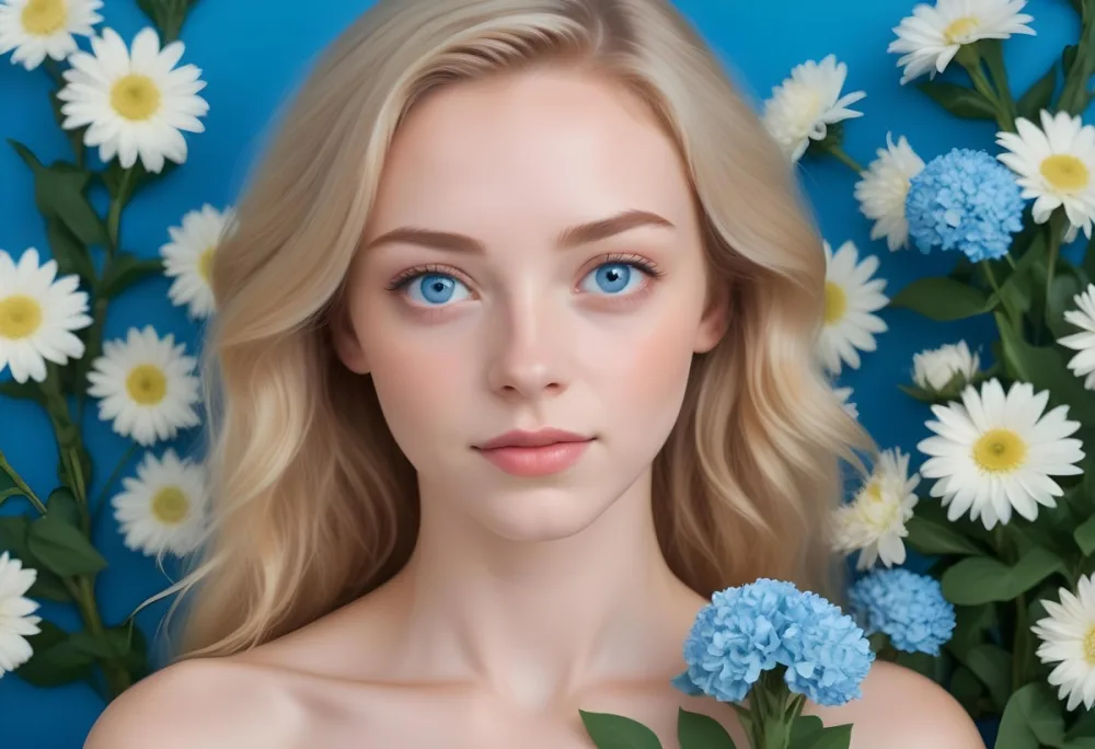 A White Woman 23 Years Old With Blue Eyes And Light Skin Surrounded By Flowers With A Blue Background 26 Cf1d