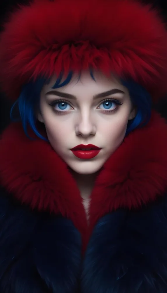 A White Woman 23 Years Old With Blue Hair And Blue Eyes Wearing A Red Fur Coat Red Lipstick In A Dark Background 14 5b43