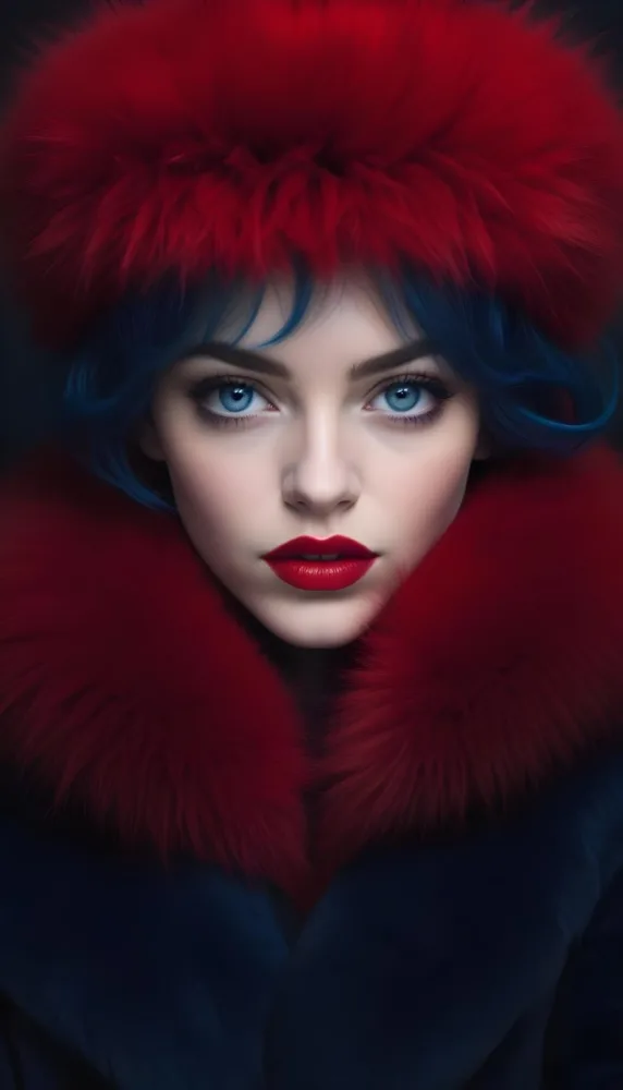 A White Woman 23 Years Old With Blue Hair And Blue Eyes Wearing A Red Fur Coat Red Lipstick In A Dark Background 17 0e06