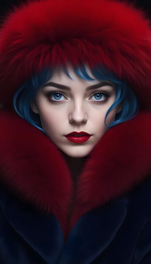 A White Woman 23 Years Old With Blue Hair And Blue Eyes Wearing A Red Fur Coat Red Lipstick In A Dark Background 2 B9a1