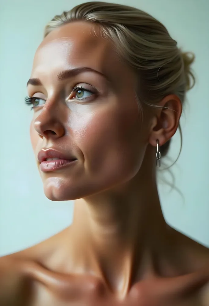 A White Woman 23 Years Old With Brown Eyes And Brown Coconut Shell Skin Looking To The Right In A White Background 12 73c4