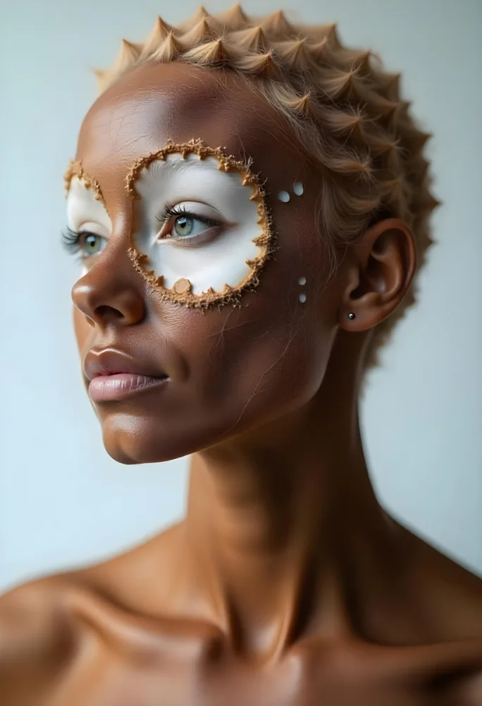 A White Woman 23 Years Old With Brown Eyes And Brown Coconut Shell Skin Looking To The Right In A White Background 15 51b0