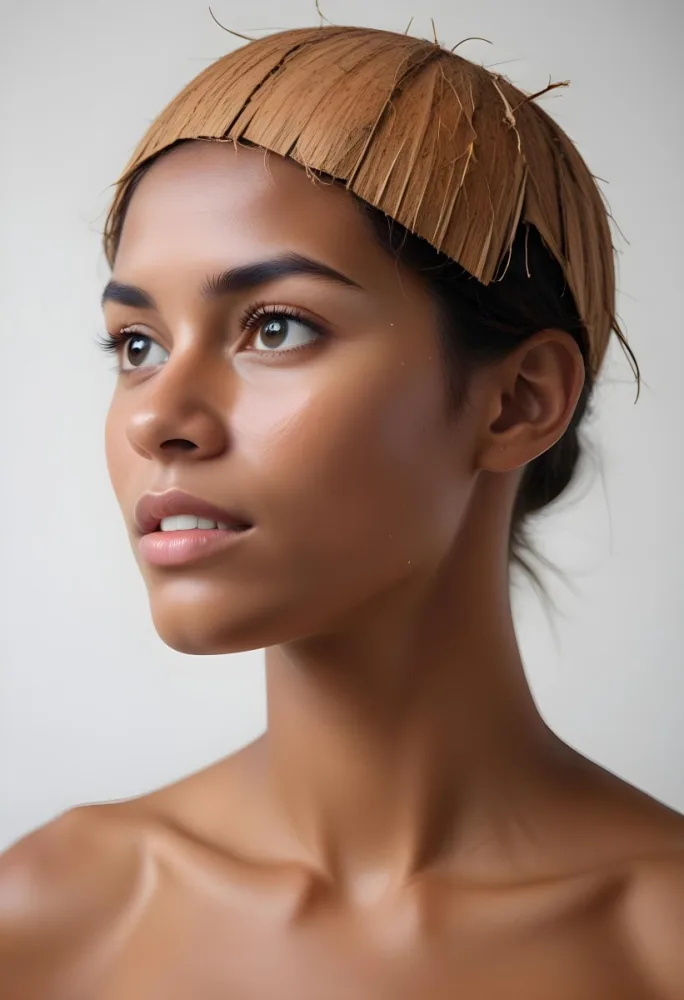 A White Woman 23 Years Old With Brown Eyes And Brown Coconut Shell Skin Looking To The Right In A White Background 20 51bf