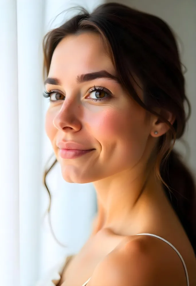 A White Woman 23 Years Old With Brown Eyes And Brown Coconut Shell Skin Looking To The Right In A White Background 21 6f44
