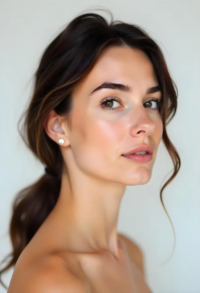 A White Woman 23 Years Old With Brown Eyes And Brown Coconut Shell Skin Looking To The Right In A White Background 23 0796