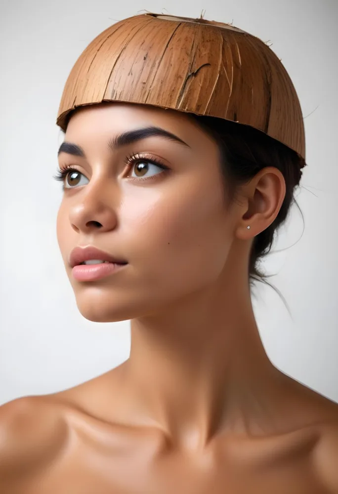 A White Woman 23 Years Old With Brown Eyes And Brown Coconut Shell Skin Looking To The Right In A White Background 24 647f