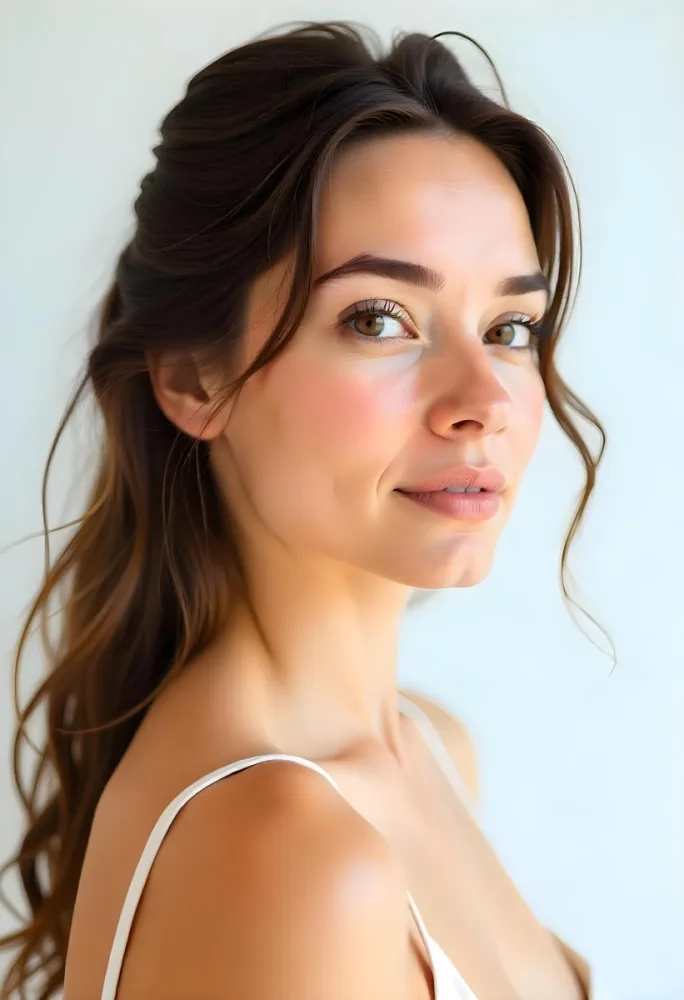 A White Woman 23 Years Old With Brown Eyes And Brown Coconut Shell Skin Looking To The Right In A White Background 27 D4f8