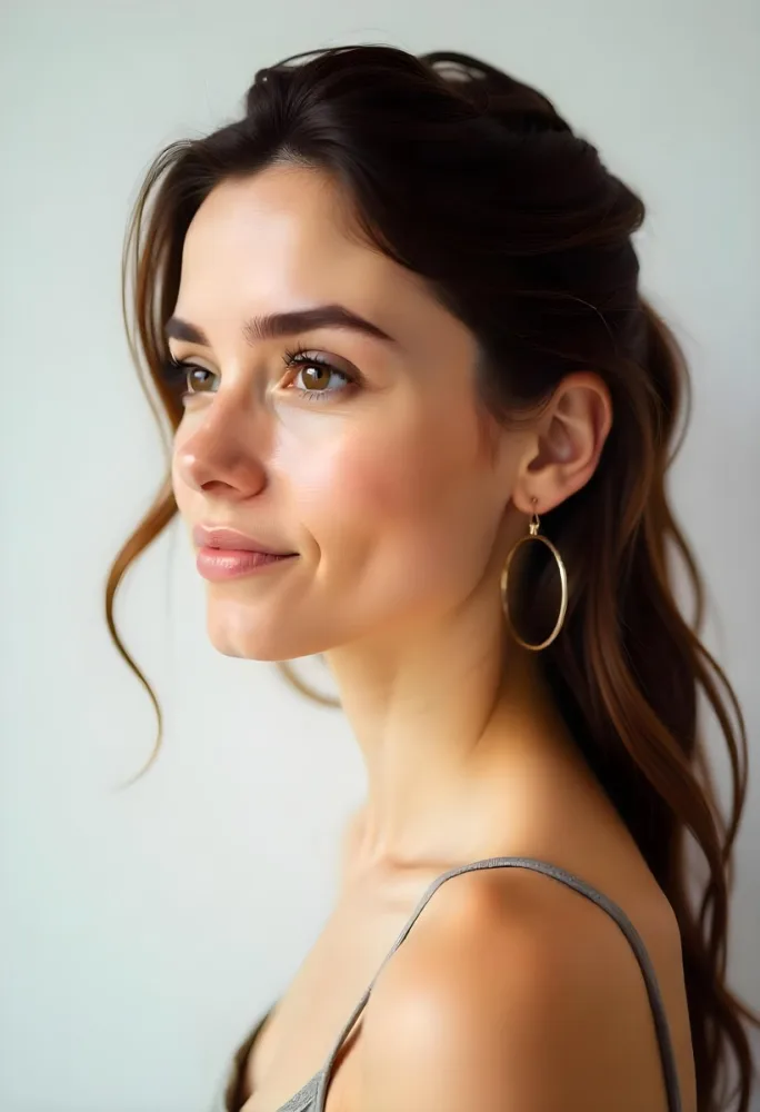 A White Woman 23 Years Old With Brown Eyes And Brown Coconut Shell Skin Looking To The Right In A White Background 29 2209
