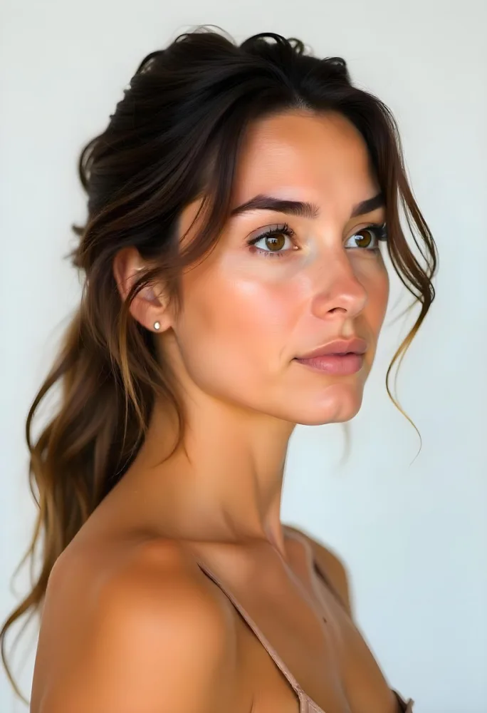A White Woman 23 Years Old With Brown Eyes And Brown Coconut Shell Skin Looking To The Right In A White Background 35 62dc
