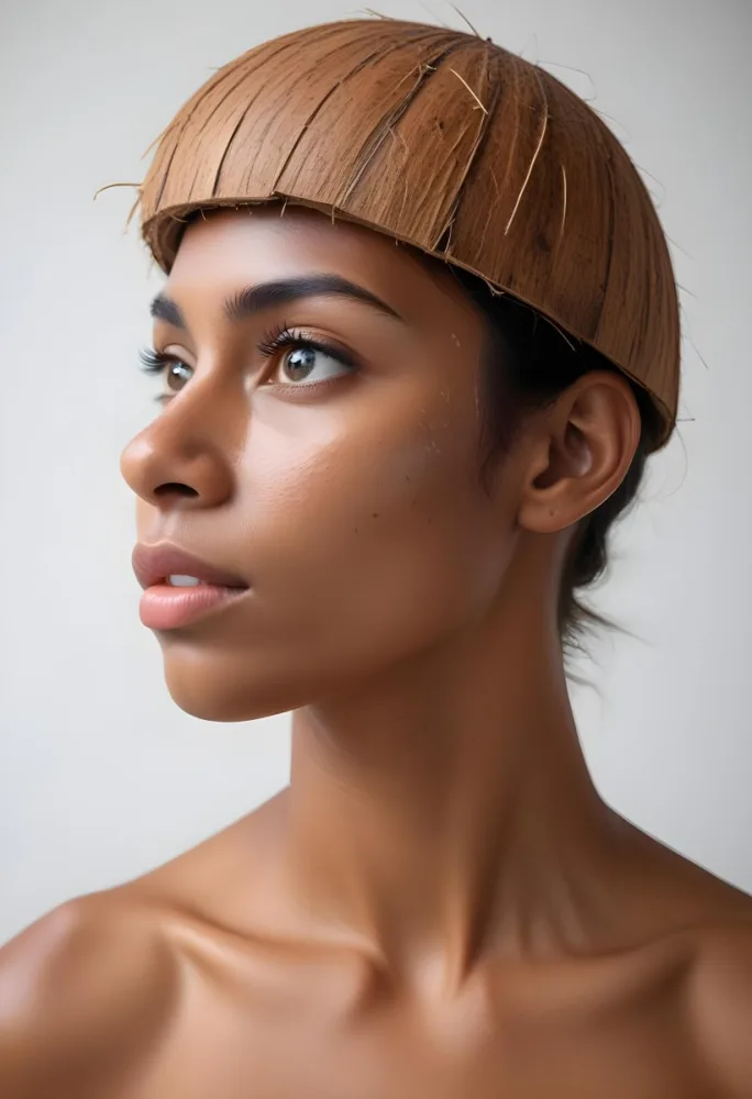 A White Woman 23 Years Old With Brown Eyes And Brown Coconut Shell Skin Looking To The Right In A White Background 36 8744