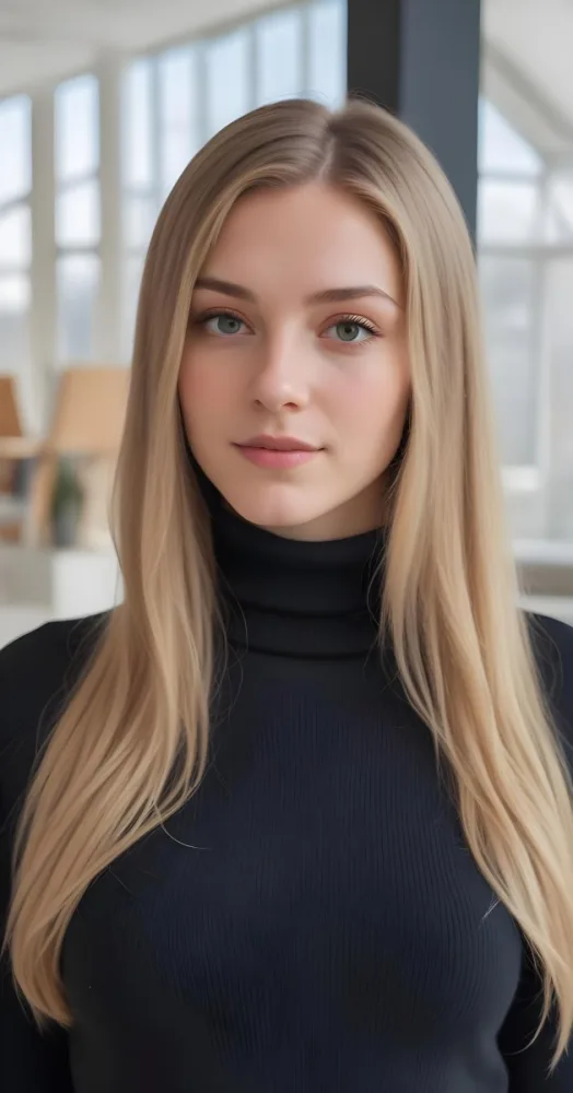A White Woman 23 Years Old With Long Blonde Hair And Black Turtleneck Sweater In A Bright Indoor Environment 23 A9be