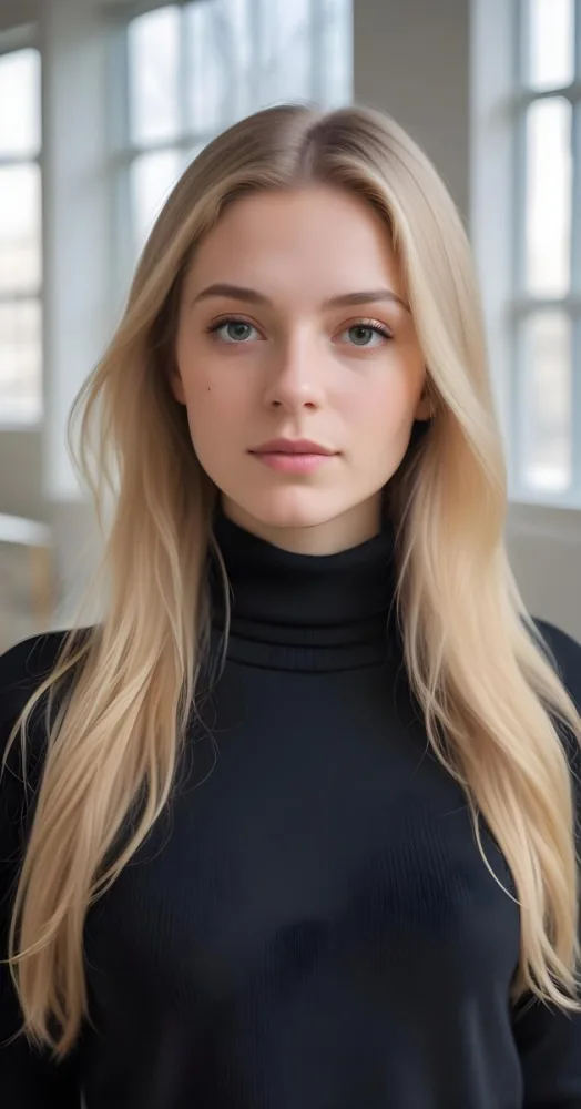 A White Woman 23 Years Old With Long Blonde Hair And Black Turtleneck Sweater In A Bright Indoor Environment 27 F024