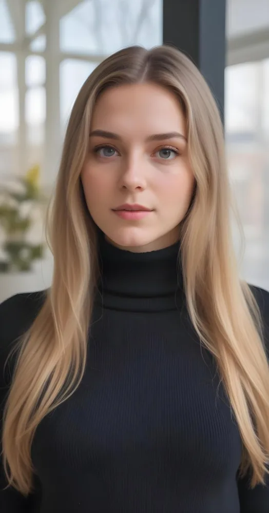 A White Woman 23 Years Old With Long Blonde Hair And Black Turtleneck Sweater In A Bright Indoor Environment 34 0216