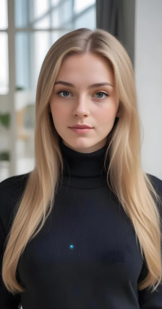 A White Woman 23 Years Old With Long Blonde Hair And Black Turtleneck Sweater In A Bright Indoor Environment 38 B306