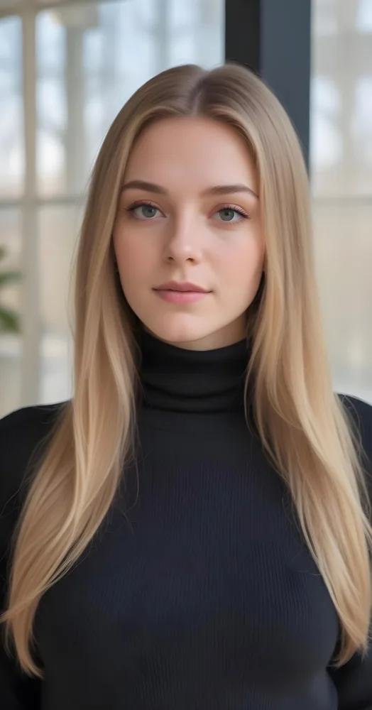 A White Woman 23 Years Old With Long Blonde Hair And Black Turtleneck Sweater In A Bright Indoor Environment 44 447e