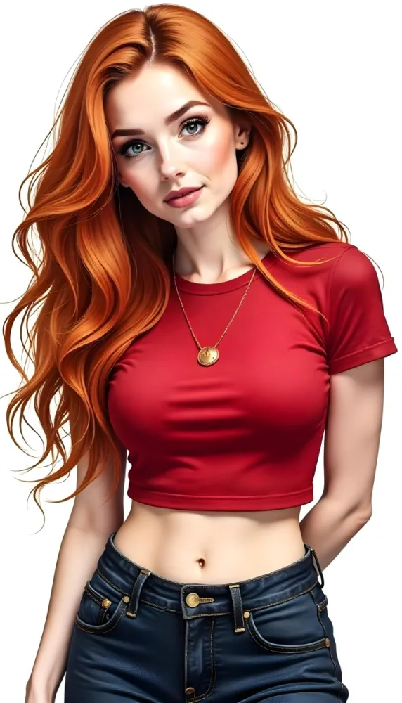 A White Woman 23 Years Old With Long Red Hair Wearing A Red T Shirt And A Golden Necklace Pink Lips Light Skin In A White Background 30 A830