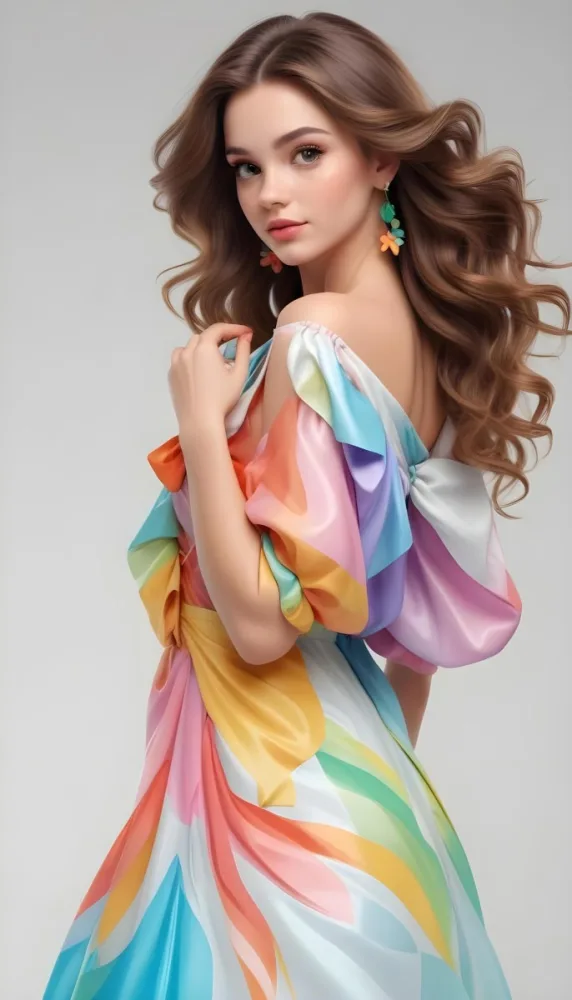 A White Woman 23 Years Old With Long Wavy Brown Hair Wearing A Colorful Dress With A Bow Earrings Light Makeup In A White Background 6 19aa