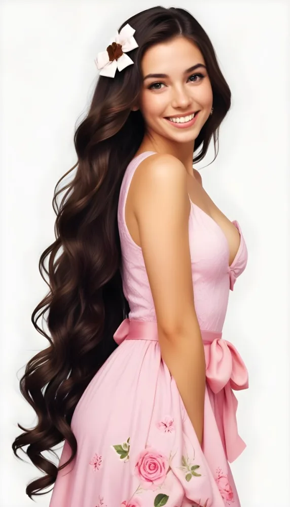 A White Woman 23 Years Old With Long Wavy Brown Hair Wearing A Pink Dress With A Bow Smiling In A White Background 16 B945