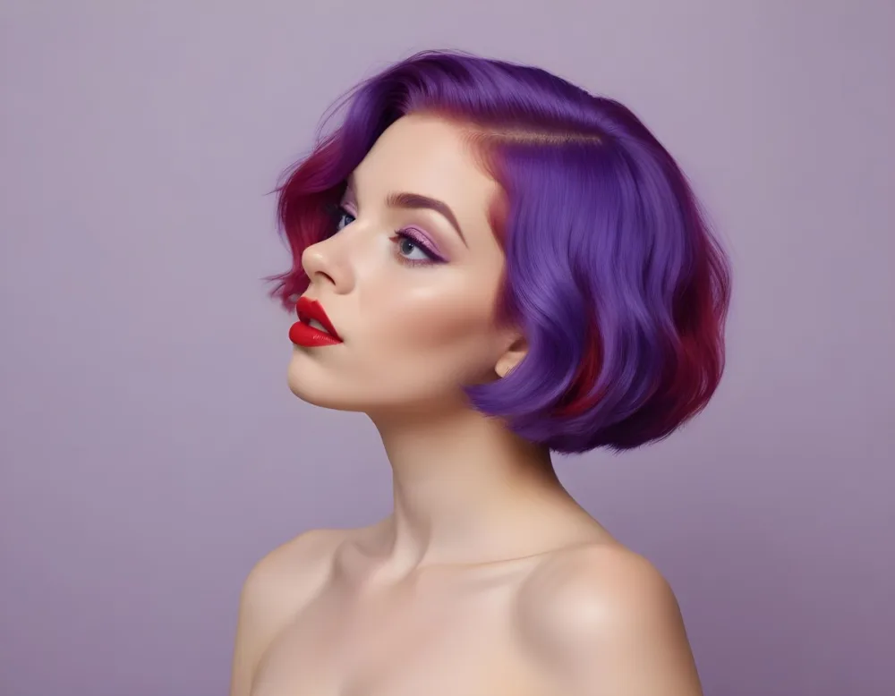 A White Woman 23 Years Old With Red Hair And Purple Lips Looking To The Left With A Red Background 29 8991