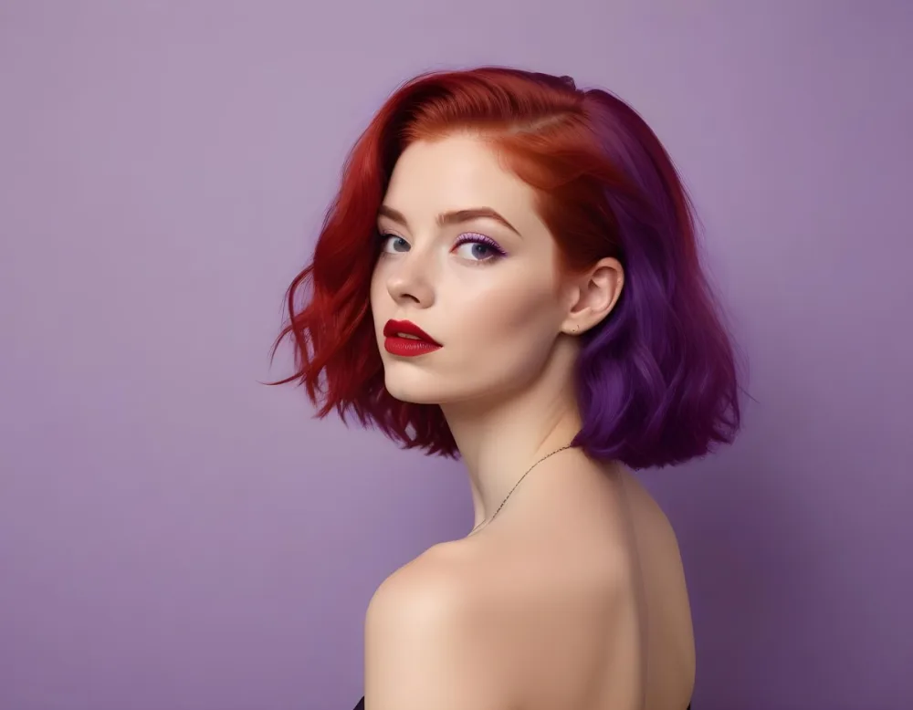 A White Woman 23 Years Old With Red Hair And Purple Lips Looking To The Left With A Red Background 32 4128