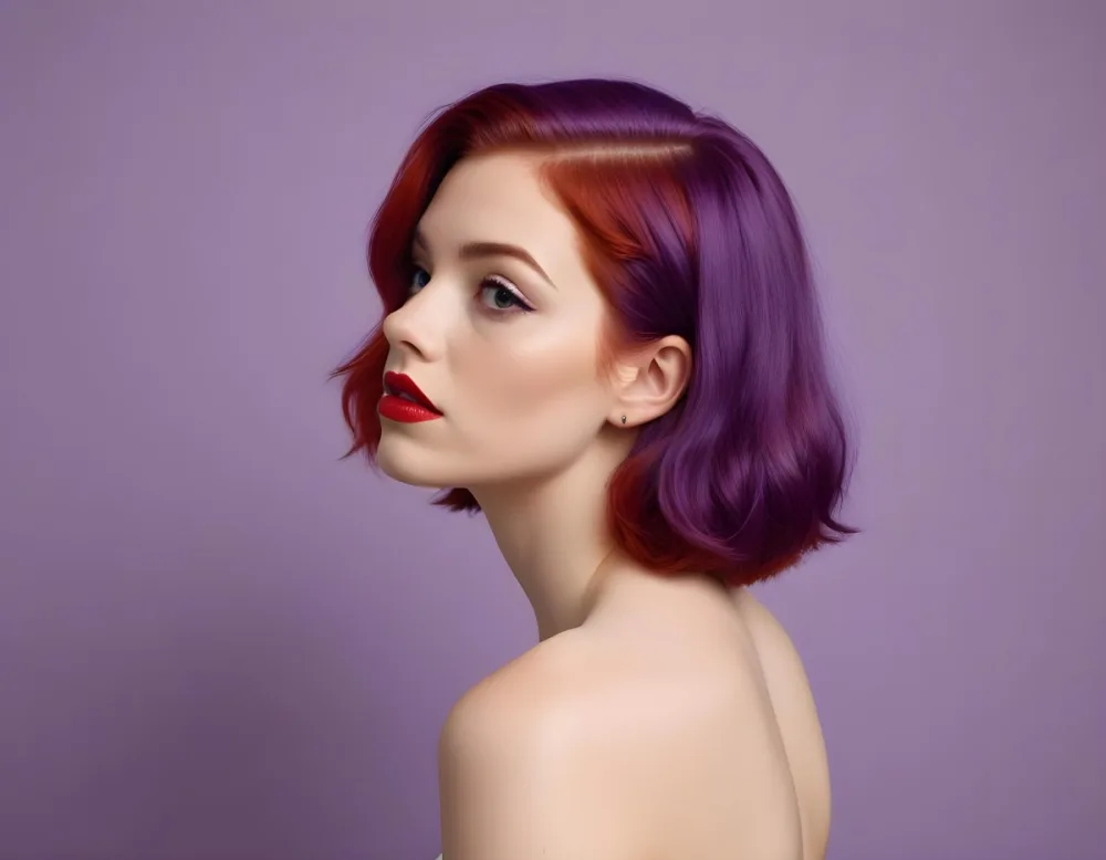 A White Woman 23 Years Old With Red Hair And Purple Lips Looking To The Left With A Red Background 33 E1cf