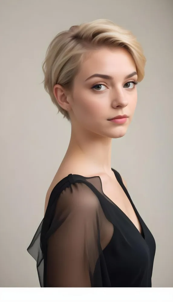 A White Woman 23 Years Old With Short Blonde Hair Wearing A Black Dress Light Skin Looking At The Camera In A Studio 18 5d0e
