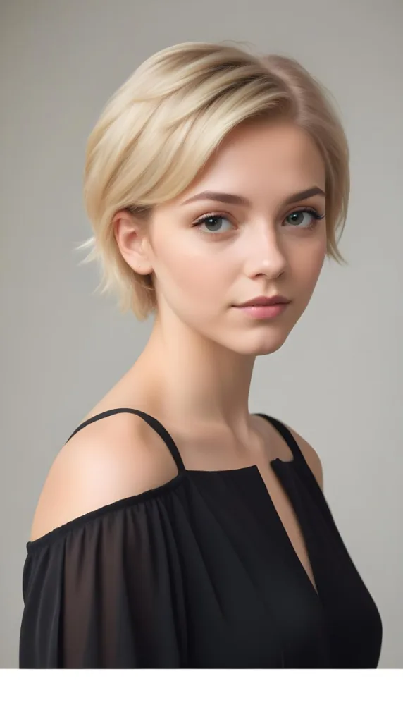 A White Woman 23 Years Old With Short Blonde Hair Wearing A Black Dress Light Skin Looking At The Camera In A Studio 2 A224