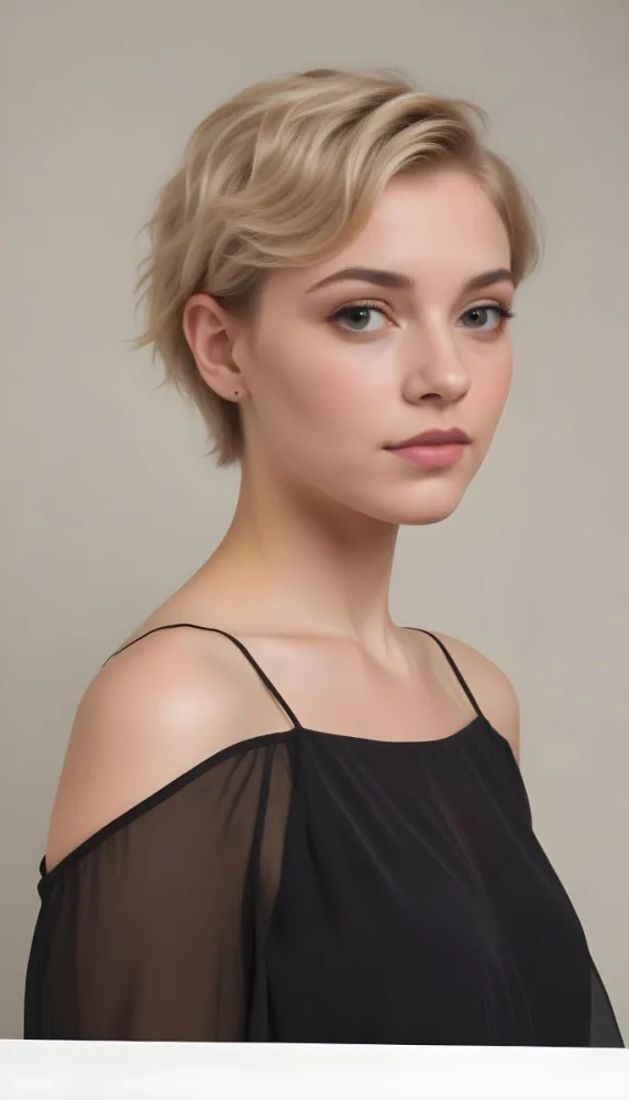 A White Woman 23 Years Old With Short Blonde Hair Wearing A Black Dress Light Skin Looking At The Camera In A Studio 21 85cd