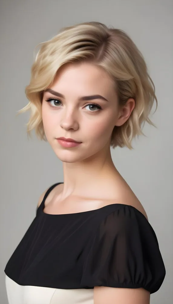 A White Woman 23 Years Old With Short Blonde Hair Wearing A Black Dress Light Skin Looking At The Camera In A Studio 7 111d