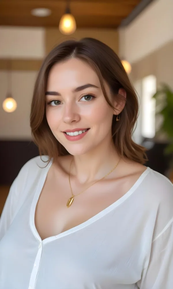 A White Woman 24 Years Old Brown Hair Wearing A White Shirt And A Golden Necklace In A Bright Indoor Environment 10 E69a