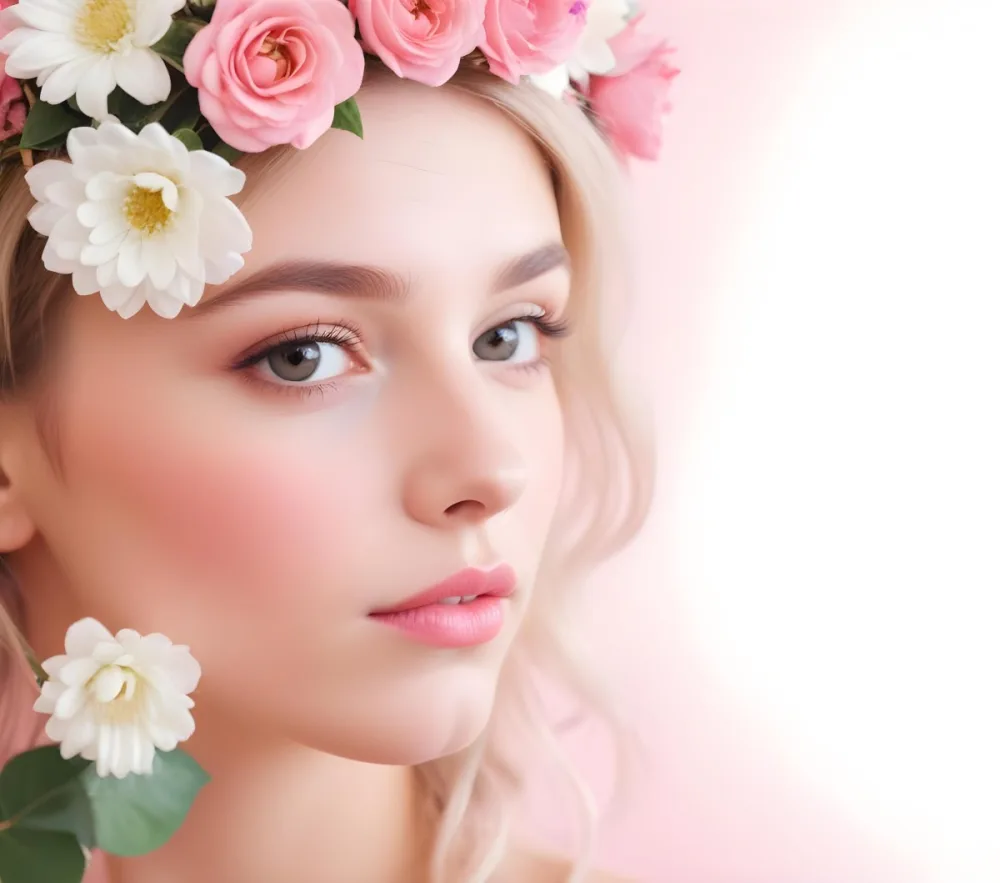 A White Woman 24 Years Old With Pink Lips And A Flower Crown In A Pink Background 19 9fbc