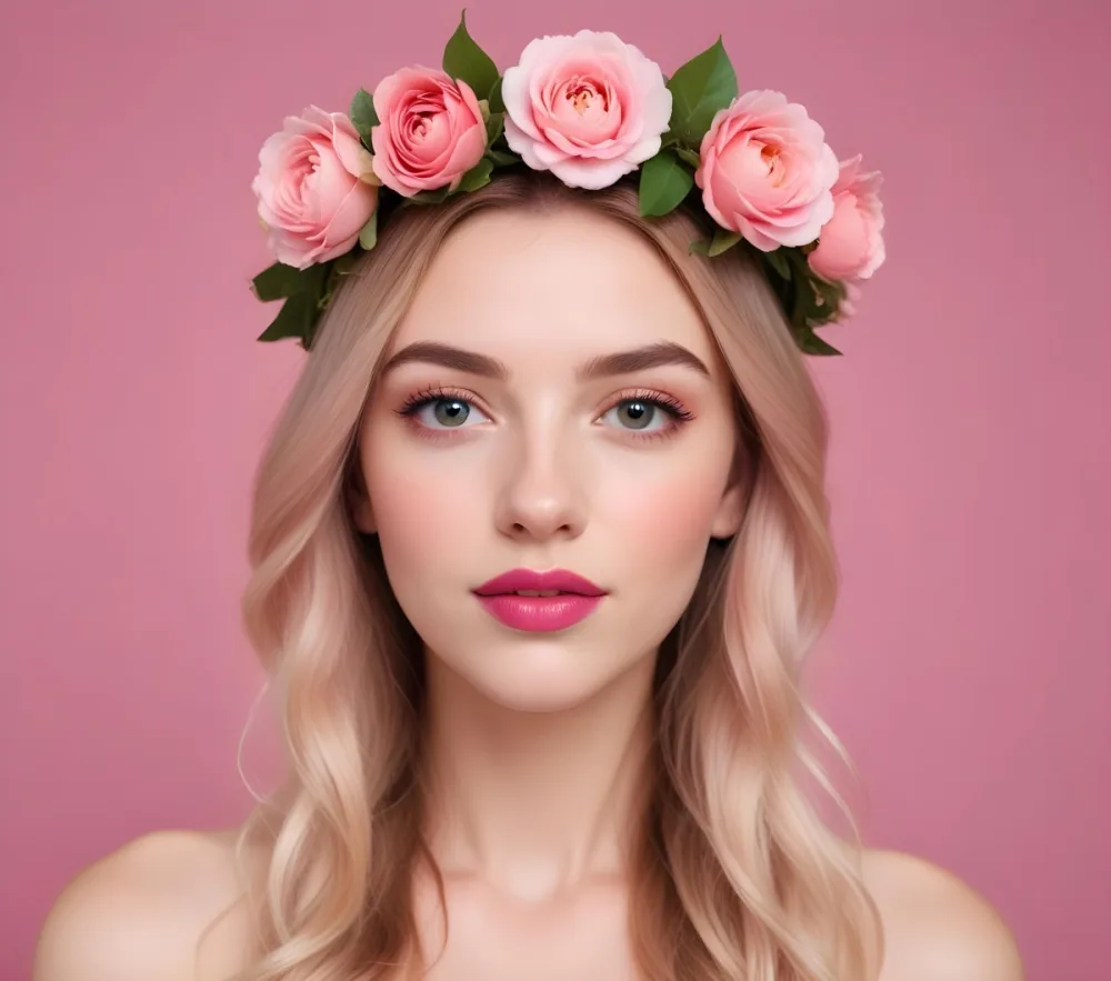 A White Woman 24 Years Old With Pink Lips And A Flower Crown In A Pink Background 34 63e2