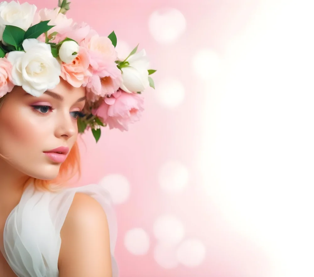 A White Woman 24 Years Old With Pink Lips And A Flower Crown In A Pink Background 6 Ffe3