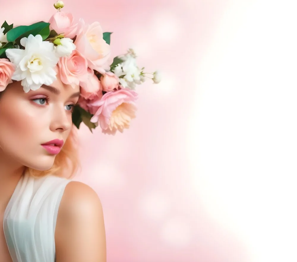 A White Woman 24 Years Old With Pink Lips And A Flower Crown In A Pink Background 8 9427