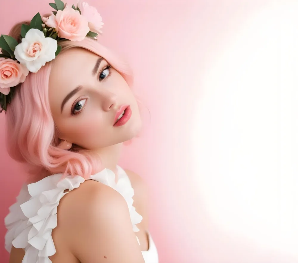 A White Woman 24 Years Old With Pink Lips And A Flower Crown In A Pink Background 9 Df12