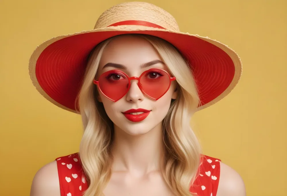 A White Woman 25 Years Old Blonde Hair Wearing A Straw Hat And Red Heart Shaped Glasses In A Yellow Background 12 C6d1