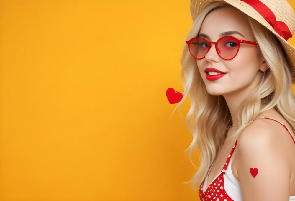 A White Woman 25 Years Old Blonde Hair Wearing A Straw Hat And Red Heart Shaped Glasses In A Yellow Background 16 4511