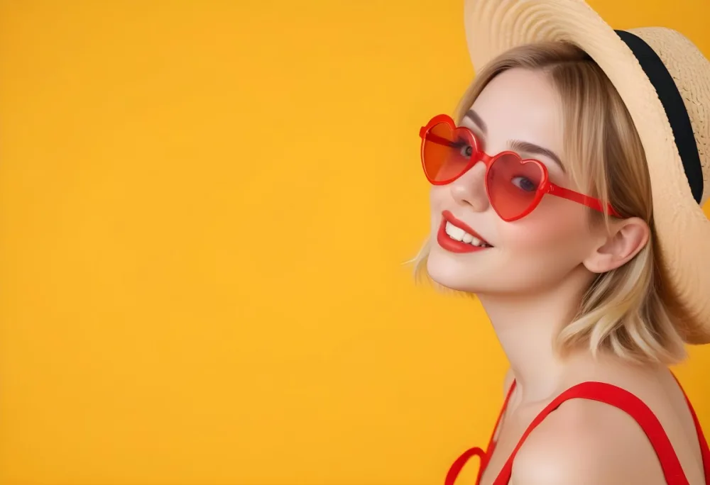 A White Woman 25 Years Old Blonde Hair Wearing A Straw Hat And Red Heart Shaped Glasses In A Yellow Background 18 Be38