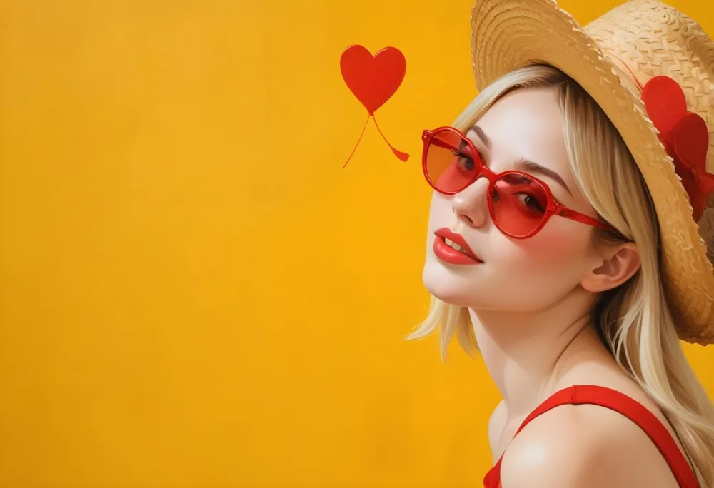 A White Woman 25 Years Old Blonde Hair Wearing A Straw Hat And Red Heart Shaped Glasses In A Yellow Background 19 D1eb