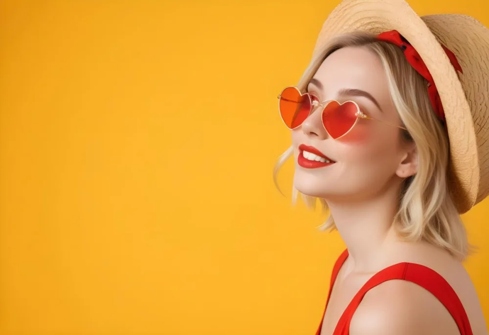 A White Woman 25 Years Old Blonde Hair Wearing A Straw Hat And Red Heart Shaped Glasses In A Yellow Background 2 4f30