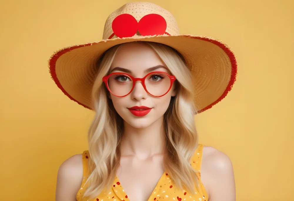 A White Woman 25 Years Old Blonde Hair Wearing A Straw Hat And Red Heart Shaped Glasses In A Yellow Background 20 F361