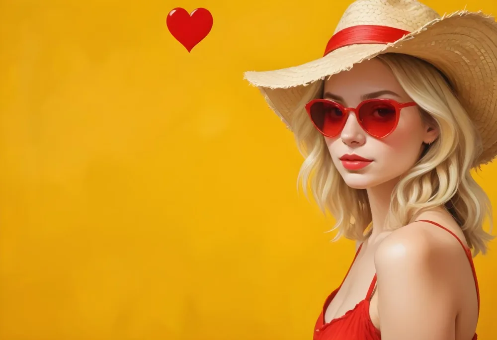 A White Woman 25 Years Old Blonde Hair Wearing A Straw Hat And Red Heart Shaped Glasses In A Yellow Background 21 5e1c