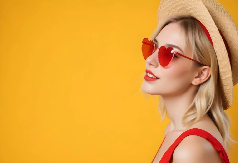 A White Woman 25 Years Old Blonde Hair Wearing A Straw Hat And Red Heart Shaped Glasses In A Yellow Background 22 C2ef