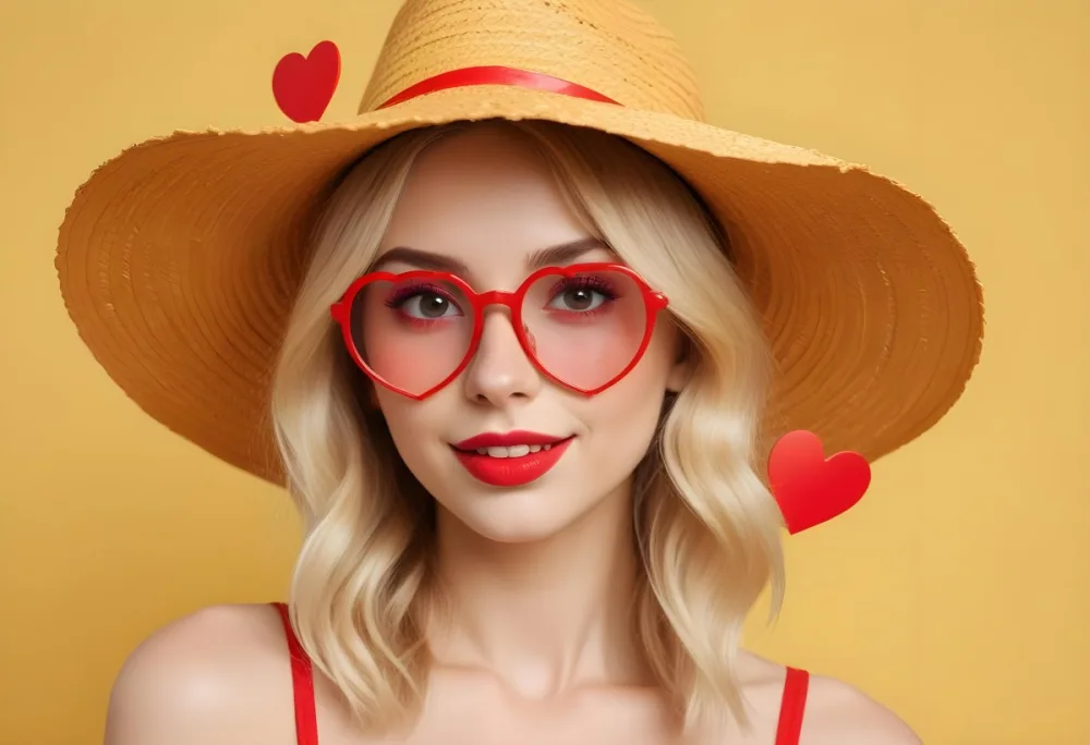 A White Woman 25 Years Old Blonde Hair Wearing A Straw Hat And Red Heart Shaped Glasses In A Yellow Background 24 Ec17