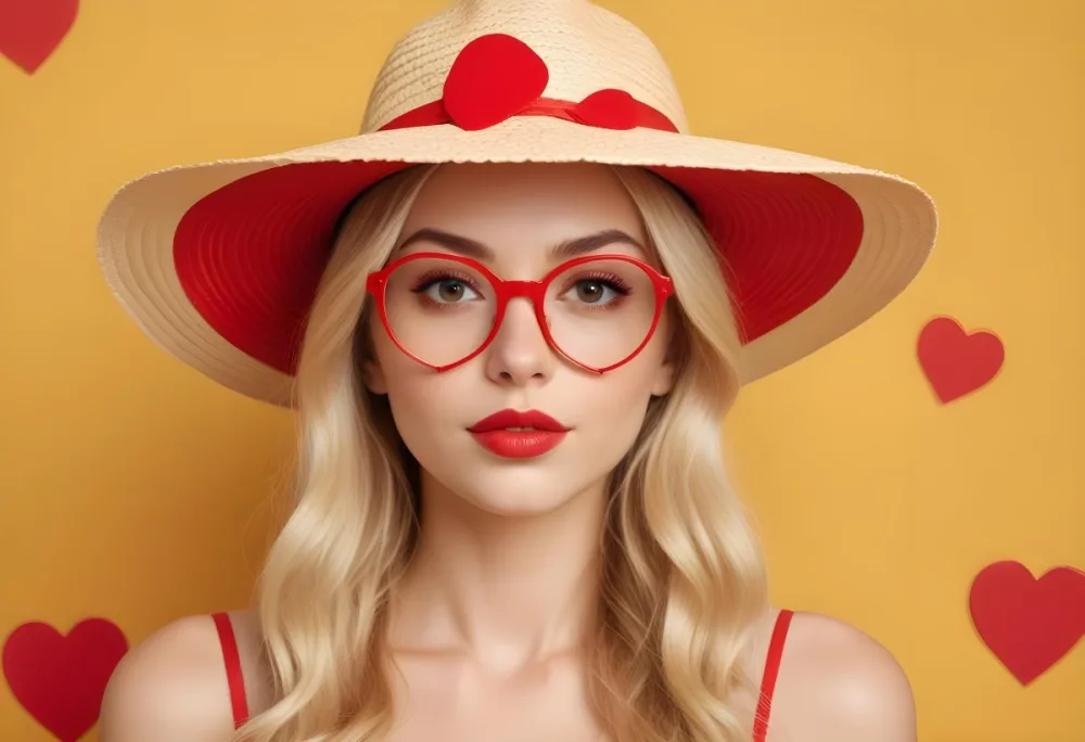 A White Woman 25 Years Old Blonde Hair Wearing A Straw Hat And Red Heart Shaped Glasses In A Yellow Background 8 1dd0