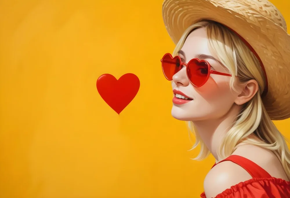 A White Woman 25 Years Old Blonde Hair Wearing A Straw Hat And Red Heart Shaped Glasses In A Yellow Background 9 B68e