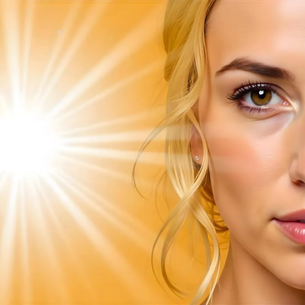 A White Woman 25 Years Old Brown Eyes With A Sun Flare On Her Face In A Bright Yellow Background 1 F575